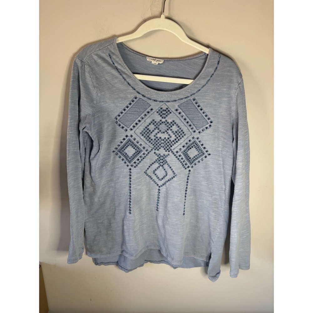 Tribal Jeans Womens Blue Embroidered Slub Knit Cotton Top Long Sleeve M 5516O